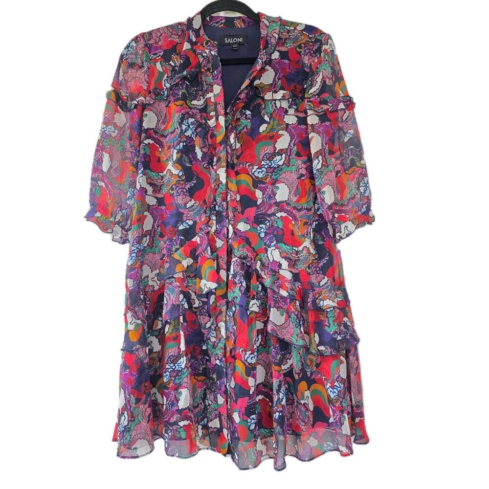 Saloni Tilly Abstract Multicolor Ruffle Silk‎ Mini Dress 0 Whimsy Avant-garde